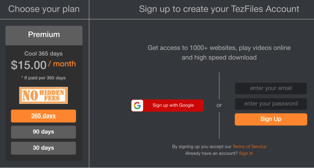 Signing up for tezfiles premium